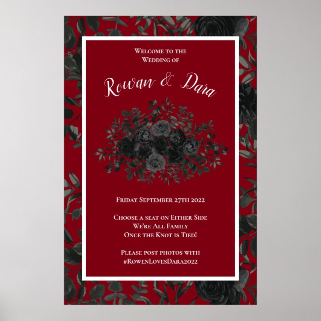 Póster Rosa rojo y negro Boda gótico Rótulo de ceremonia  (Frente)