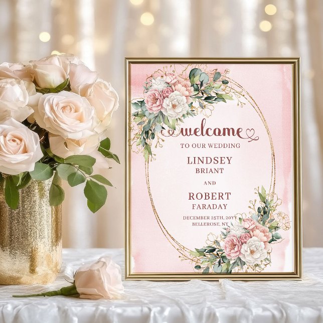 Póster Rosa Romántica Dorada Flores Verde Esmeralda Boda  (Romantic Rose Gold Flowers Greenery Wedding Welcome)