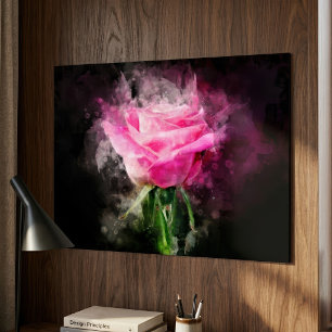 Póster Rosa rosa acuarela sobre fondo negro