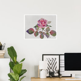 Póster Rosa rosa con acuarela de hojas abstractas