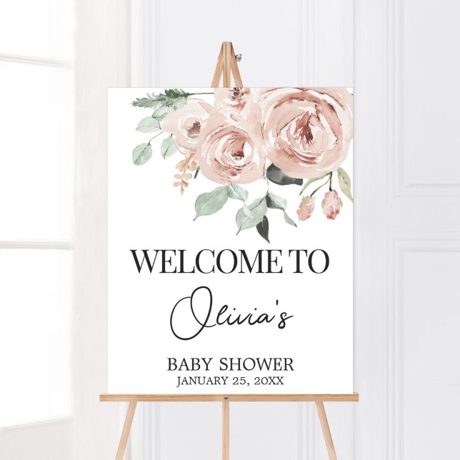 Póster Rosa rosa polvorienta Es una bienvenida Baby Showe (It's a Girl Dusty Pink Rose Baby Shower Welcome Sign)