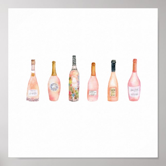 Póster Rosa rosado botella de vino ilustracion acuarela (Frente)