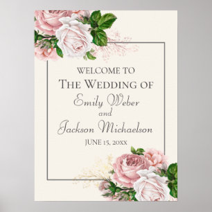 Póster Rosa Rubor Aquarela Floral Crema Bienvenida Boda