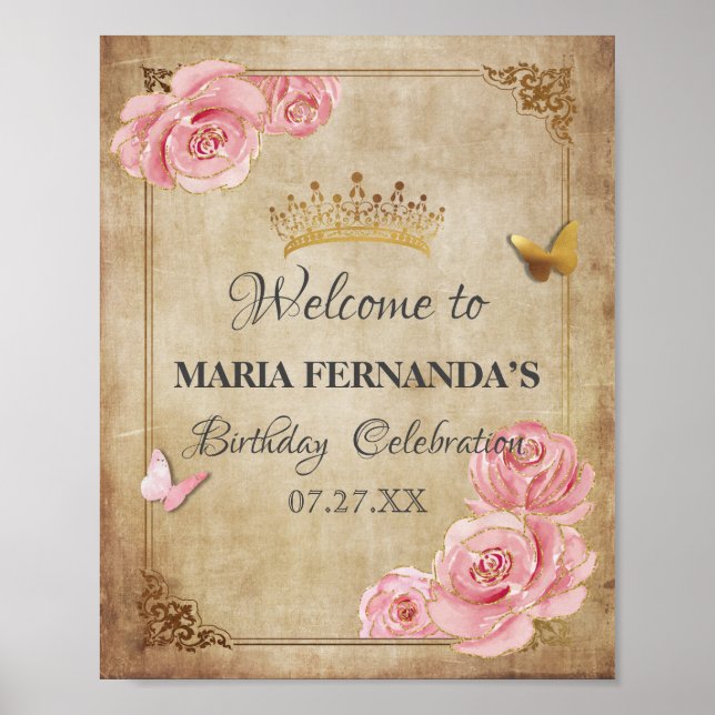 Póster Rosa Rubor Mariposa rosa Crown Gold Quinceanera (Frente)