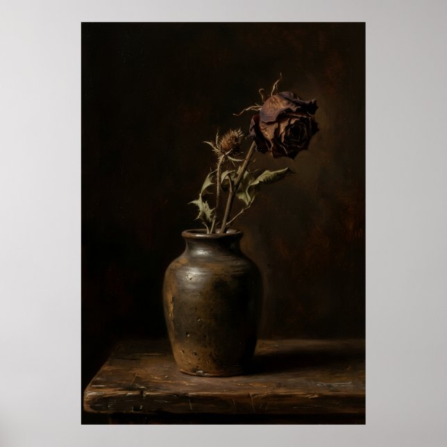 Póster Rosa Seca Oscura Jarrón de Arcilla Bodegón Atmosfe (Frente)