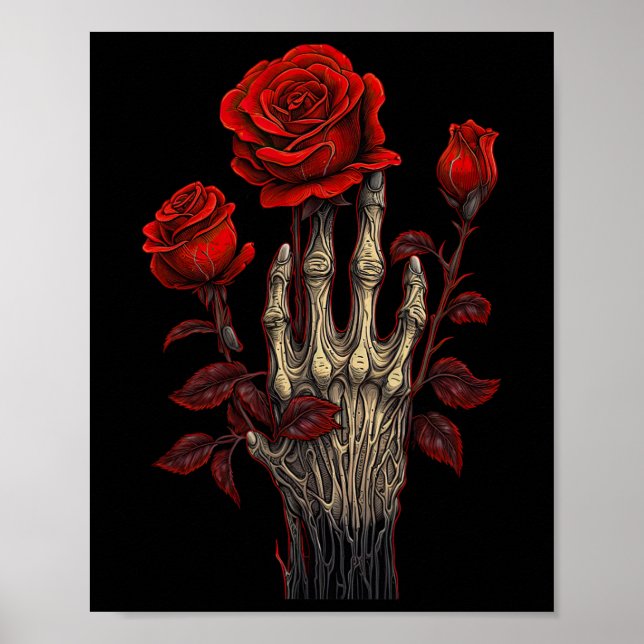 Póster Rosa Skeleton Skull Hand Red Flower Rosa 1 (Frente)