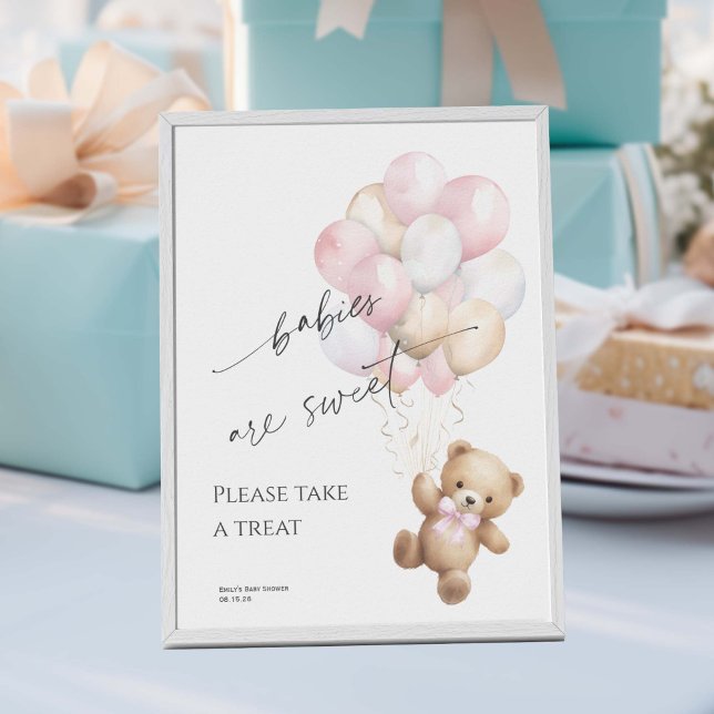 Póster rosa Toma un tratamiento Chica ducha Bearly espera (Pink Bearly wait, Baby Girl Shower Favor Sign.)
