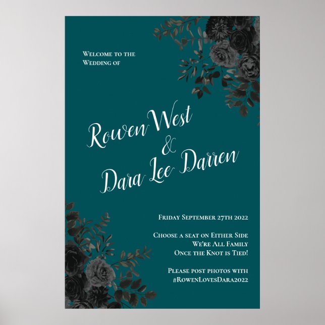 Póster Rosa Verde azulado negro Boda gótica elegante (Frente)