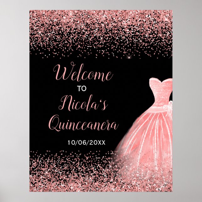 Póster Rosa Vestido Rosa Faux Purpurina Quinceanera Bienv (Frente)