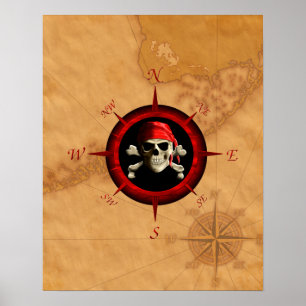 Póster Rosa Y Mapa De La brújula Pirata