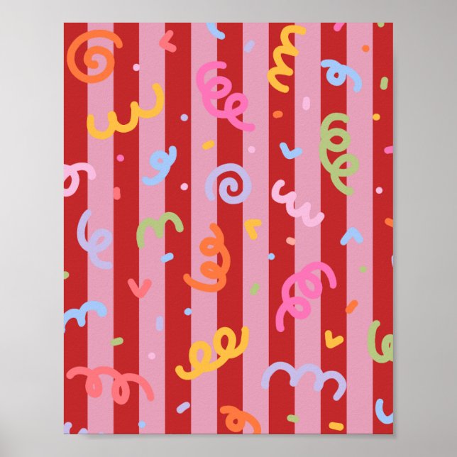 Póster Rosa y rojo a rayas, con diseño de confeti  (Frente)