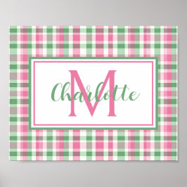 Póster Rosa y Verde Escocés Monograma Elegante
