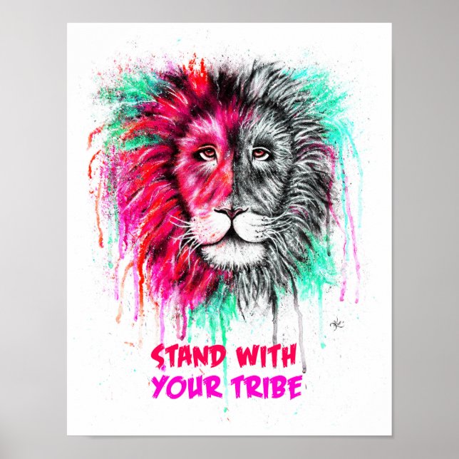 Poster rosa y verde - Impresión de leones. (Frente)