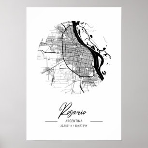 Póster Rosario - Argentina Mapa de la Ciudad del Agua Neg
