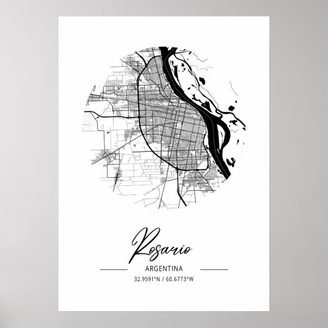 Póster Rosario - Argentina Mapa de la Ciudad del Agua Neg