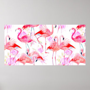 Póster Rosas acuarelas de patrón sin soldadura con flamin