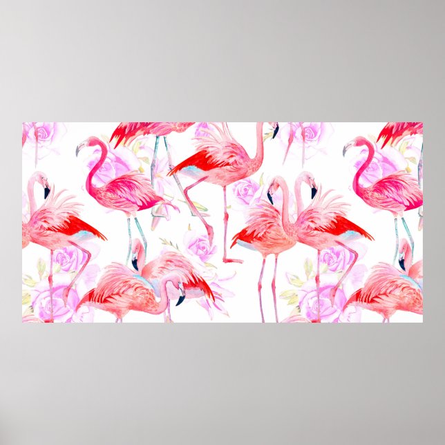 Póster Rosas acuarelas de patrón sin soldadura con flamin (Frente)