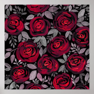 Póster Rosas acuarelas, rosas rojas sobre negro