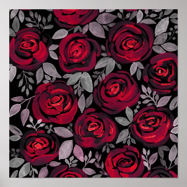 Póster Rosas acuarelas, rosas rojas sobre negro (Frente)