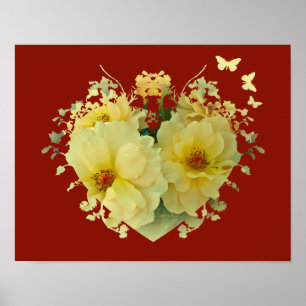 Póster Rosas amarillas corazón en cartel rojo