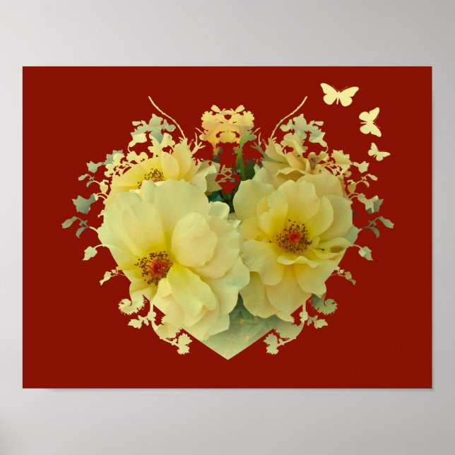 Póster Rosas amarillas corazón en cartel rojo (Frente)