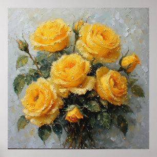 Póster Rosas amarillas vibrantes con pintura de aceite de