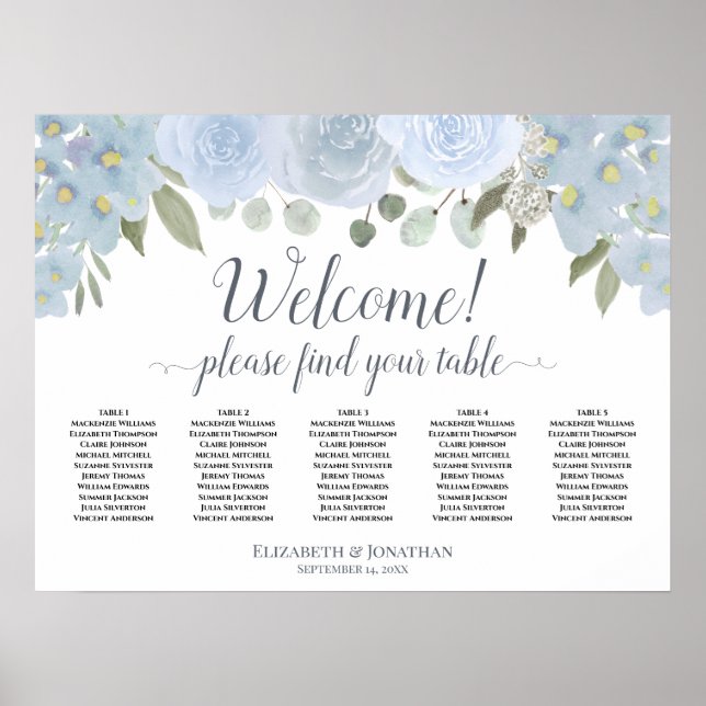 Póster Rosas azul turbio 5 Tabla de asientos Boda de mesa (Frente)