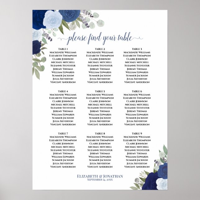 Póster Rosas Azules Elegante Cuadro de asiento de 9 Bodas (Frente)