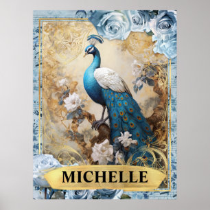 Póster Rosas azules románticas y fantasía de pavo real