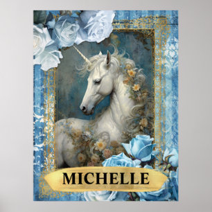 Póster Rosas Azules Románticas y Fantasía de Unicornio