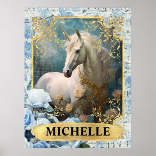 Póster Rosas Azules Románticas y Fantasía de Unicornio