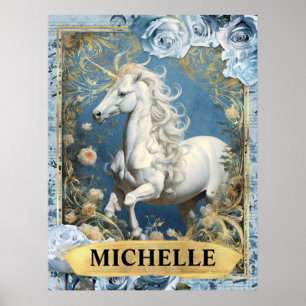 Póster Rosas Azules Románticas y Fantasía de Unicornio