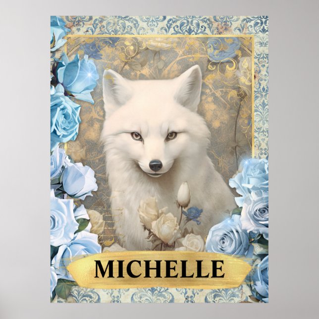 Póster Rosas azules románticos y fantasía de Fox blanca (Frente)