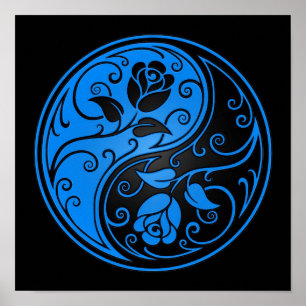 Póster Rosas azules y negros de Yin Yang