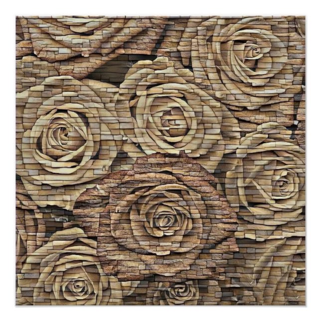 Póster Rosas beige marrón paredes de piedra de diseño mod (Anverso)