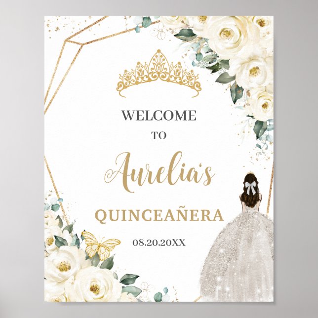 Póster Rosas Blancas Florales Quinceañera Bienvenida Cump (Frente)