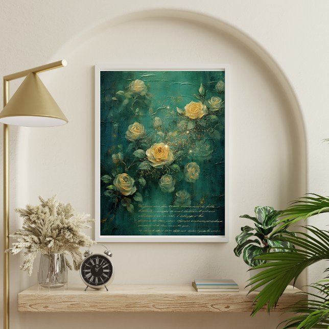 Póster Rosas Blancas Oro Vintage Romántico Verde (White Roses with Gold and Green Vintage Antique Handwriting Wall Art poster.)