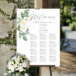 Póster Rosas blancas   Tabla de asientos del Boda Eucalyp
