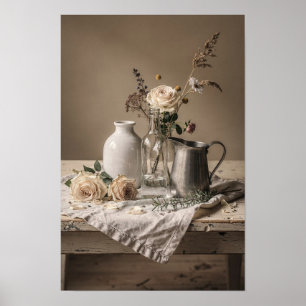 Póster Rosas blancas y jarra vintage naturaleza muerta