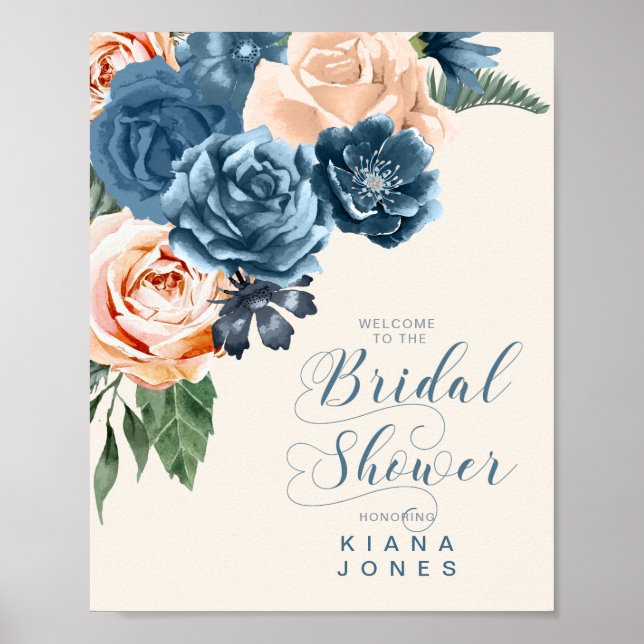 Póster Rosas Blue/Peach Boda Bridal Shower ID584 (Frente)