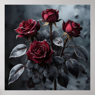Póster rosas burdeos con hojas negras cubiertas de fríos