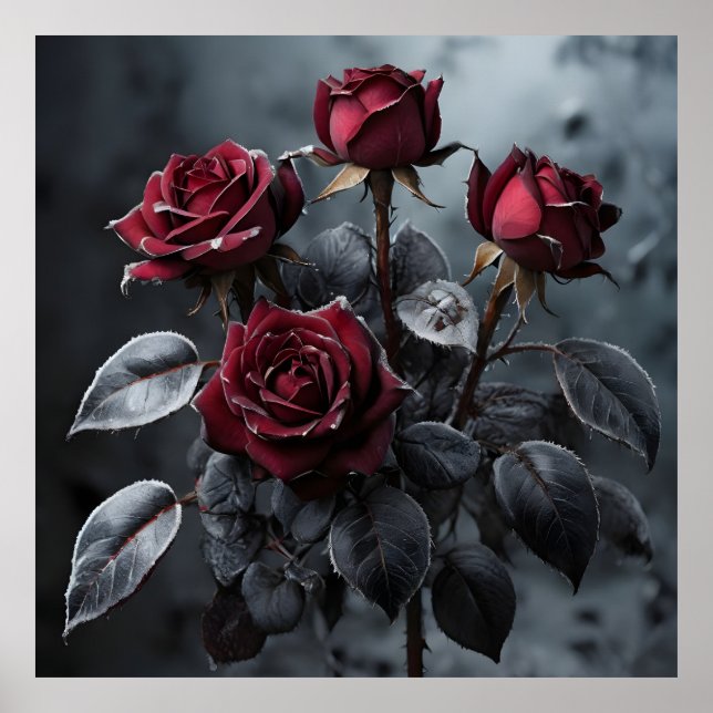 Póster rosas burdeos con hojas negras cubiertas de fríos (Frente)