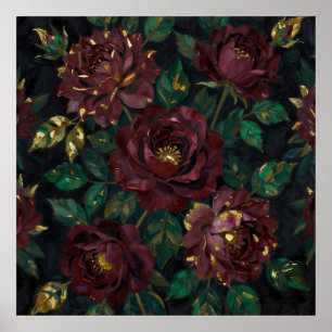 Póster Rosas Burgundy de Lujo con Floral de Hoja de Oro