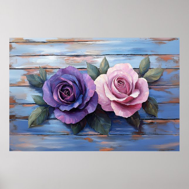 Póster Rosas Coloridas sobre Fondo de Madera Rústica (Frente)