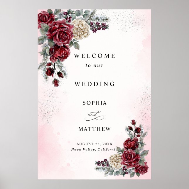 Póster Rosas Congeladas Bienvenida de Boda de Invierno  (Frente)