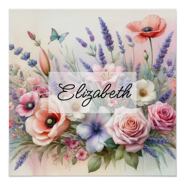 Póster Rosas de acuarela floral de verano adormidera de l (Anverso)