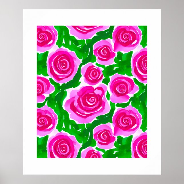 Póster Rosas de acuarela rosa de Fuchsia (Frente)