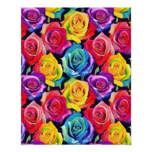 Póster Rosas de arcoíris radiantes, estampado floral bril (Anverso)