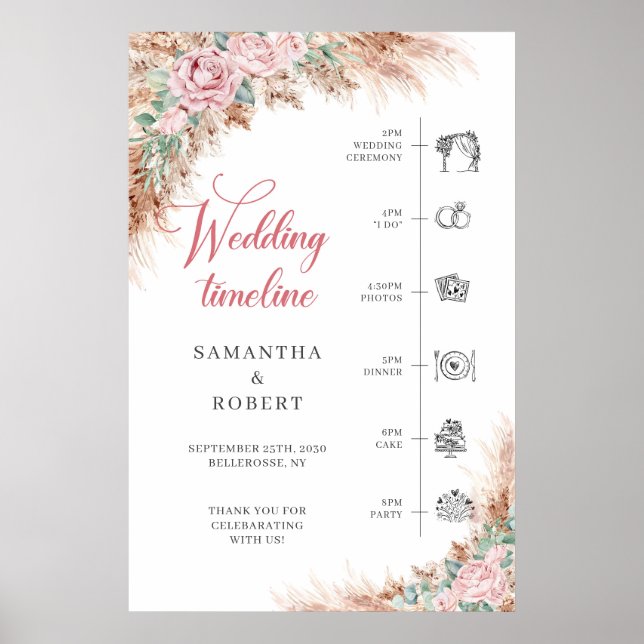 Póster Rosas de boho y boda de pasto pampas Cronología (Frente)