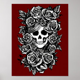 Póster Rosas de cráneo Gótico dibujo original de tinta ar